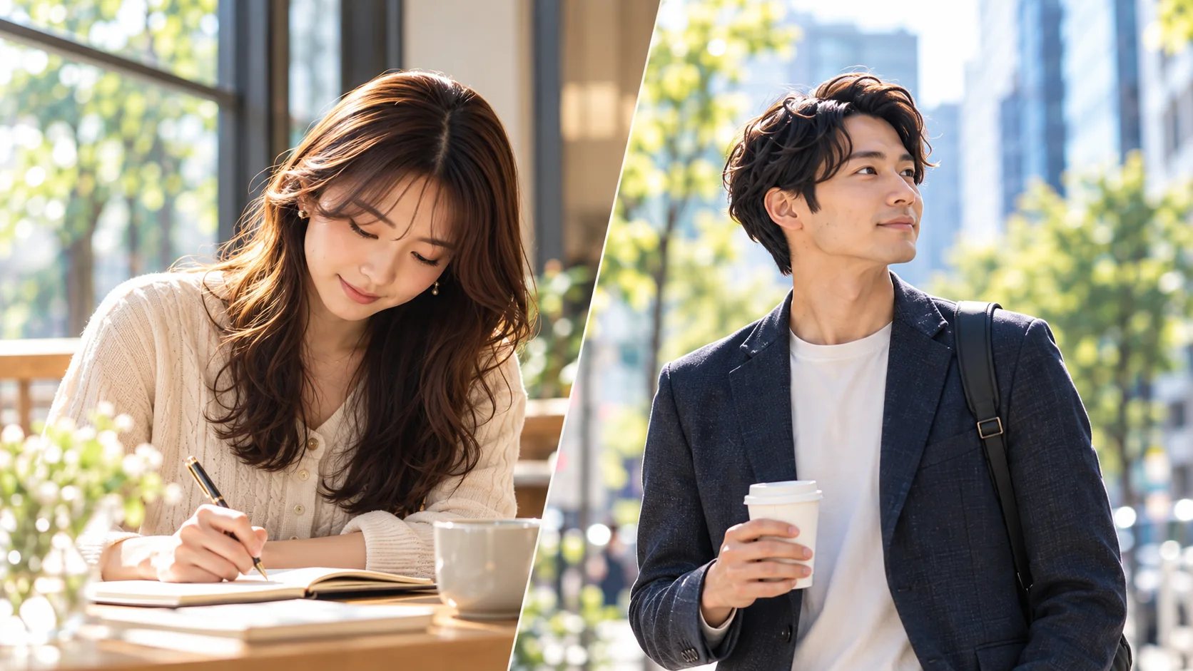 カフェで手帳に書き込む女性と、コーヒーを手に街を歩く男性。まだ出会う前の、それぞれの日常