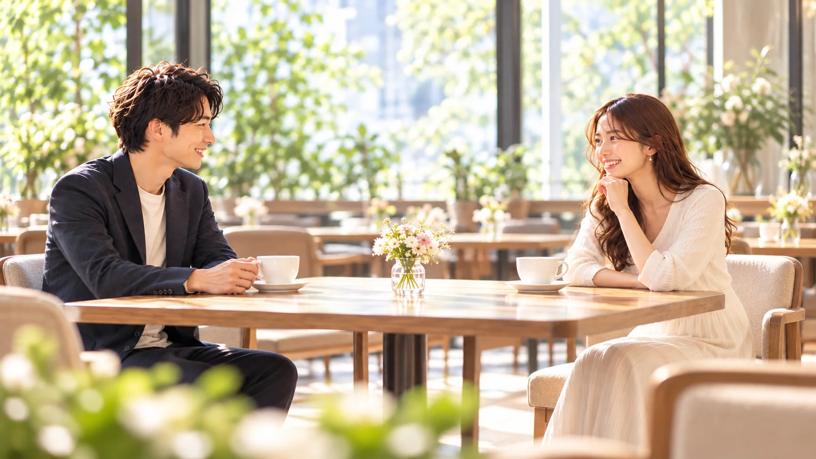 カフェで初めて会い、テーブルを挟んで話す二人