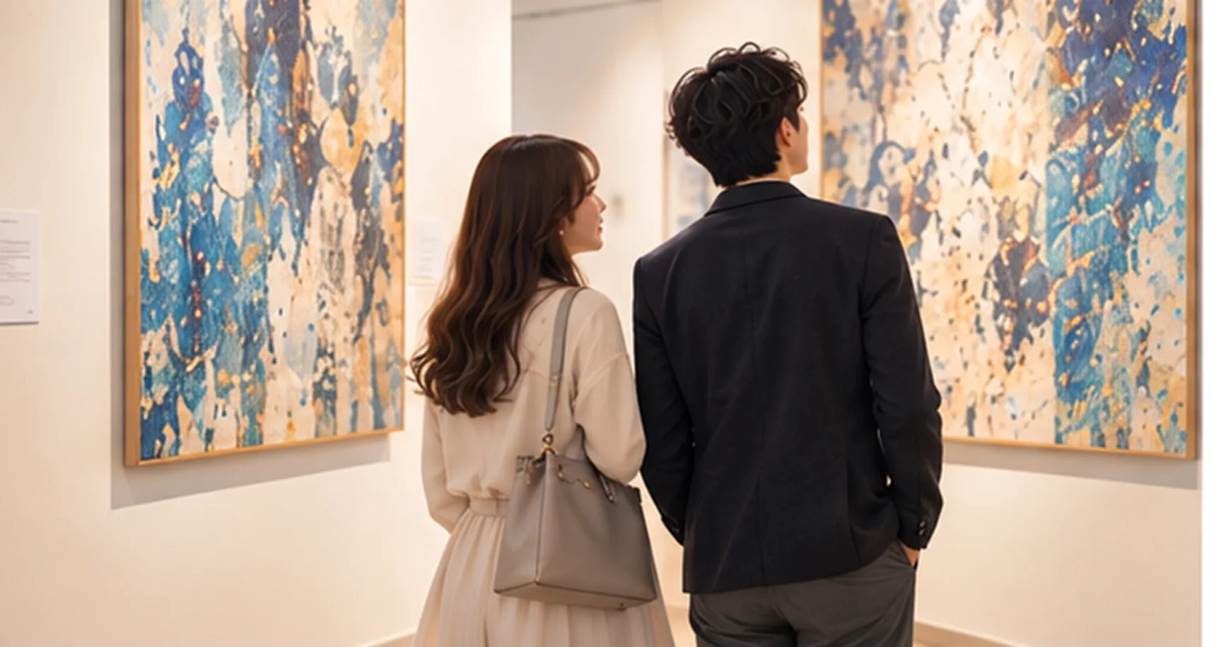 美術館で、並んで同じ抽象画を眺める二人