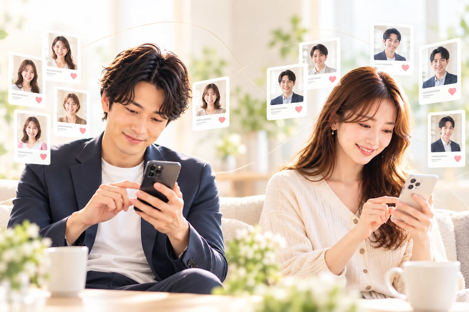 それぞれスマートフォンで、お相手のプロフィールを見ている男性と女性